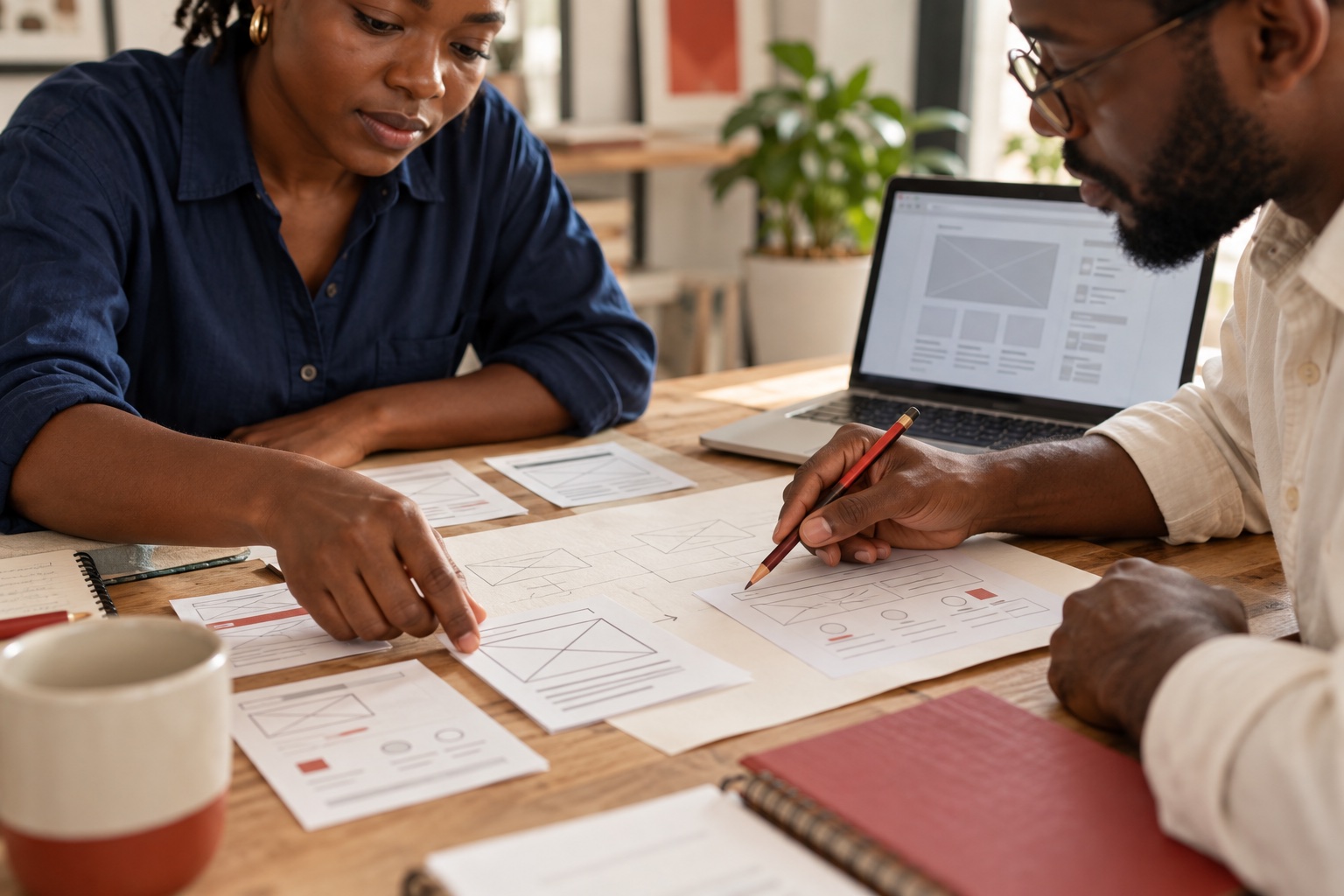 Illustration of two Black professionals planning a website with wireframes and a laptop.