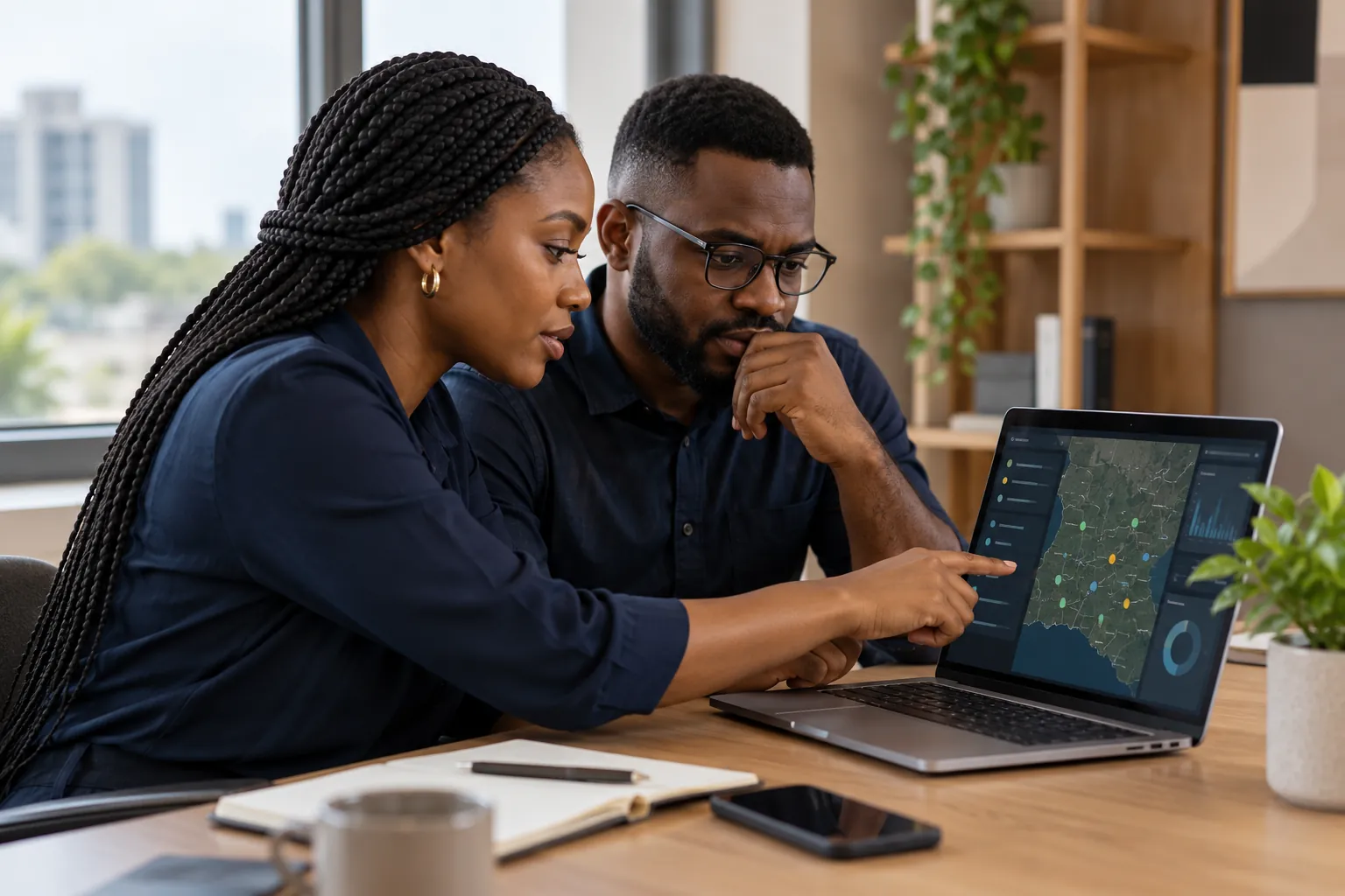 Illustrative scene of two Black professionals reviewing a digital platform